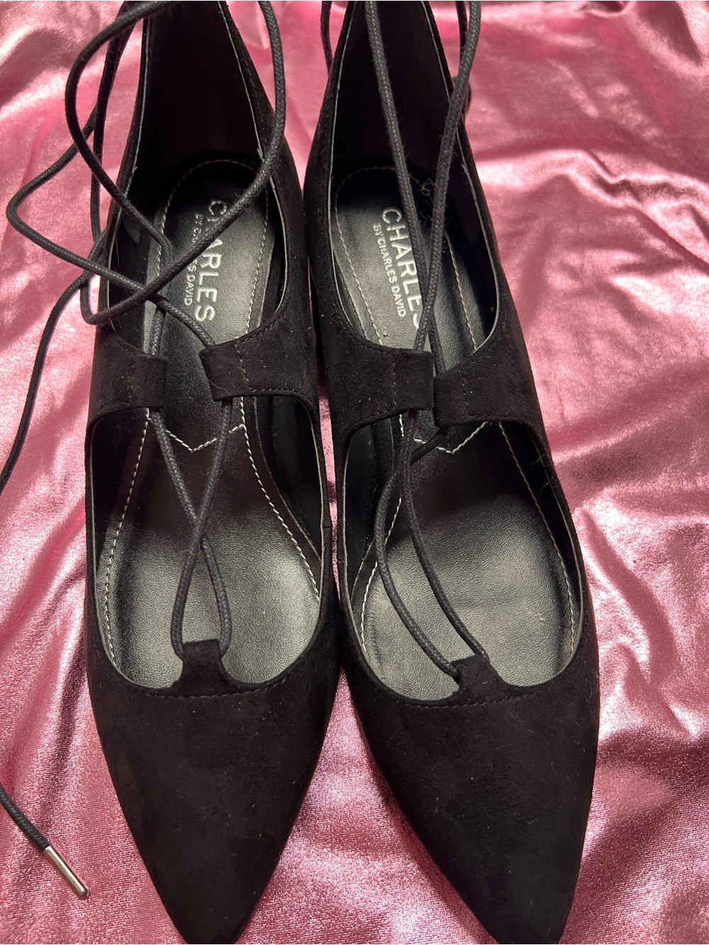 Charles by Charles David Black Suede Pointed Lace-Up Flats 2in heels